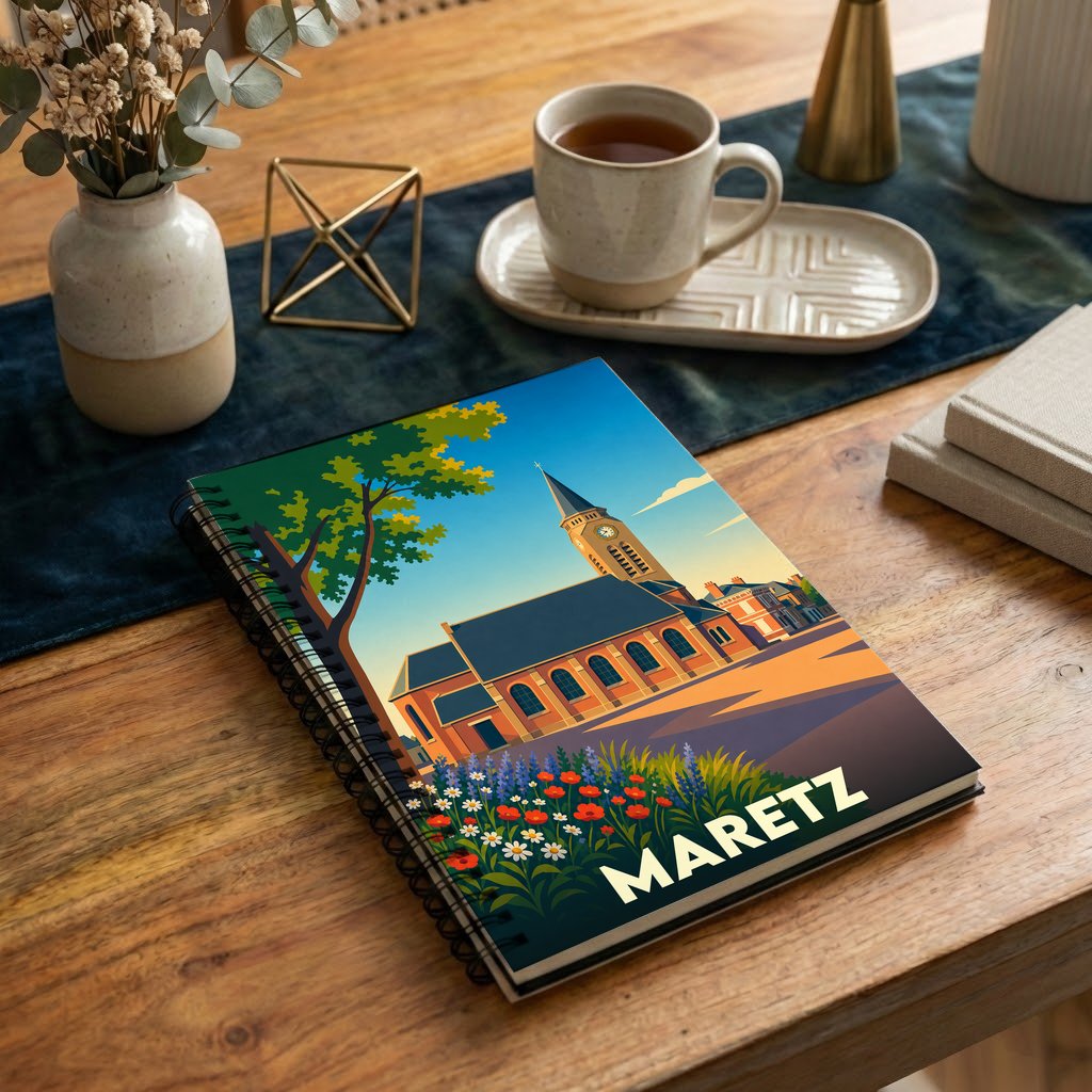 Carnet à spirales souvenir de la ville de Maretz avec une illustration stylisée de son église.
