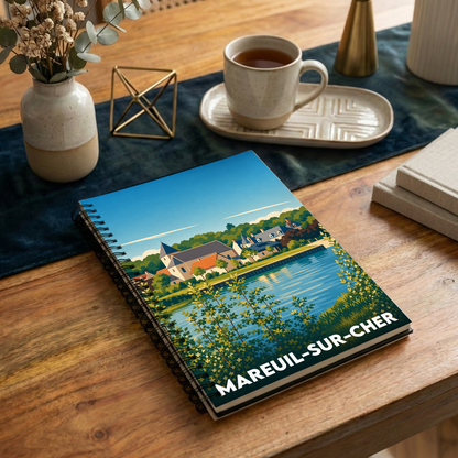 Carnet souvenir de la ville de Mareuil-sur-Cher avec une illustration stylisée.
