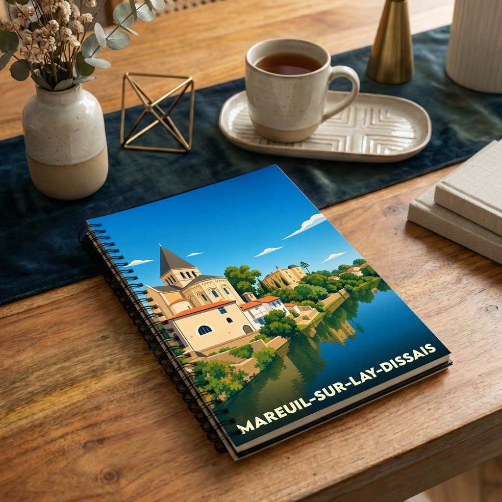 Carnet souvenir de la ville de Mareuil-sur-Lay-Dissais avec une illustration stylisée.