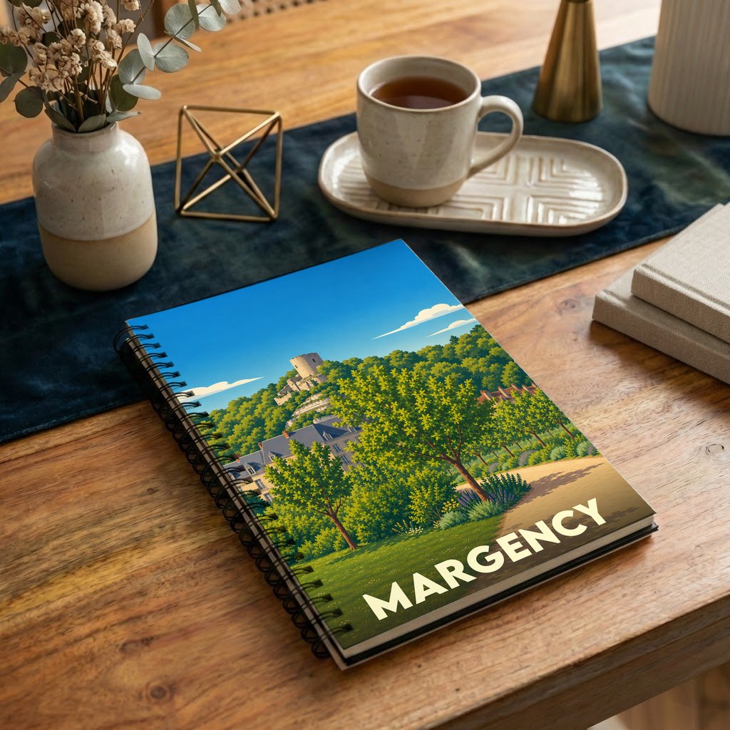 Carnet à spirales souvenir de la ville de Margency avec une illustration stylisée de son paysage et de son château.