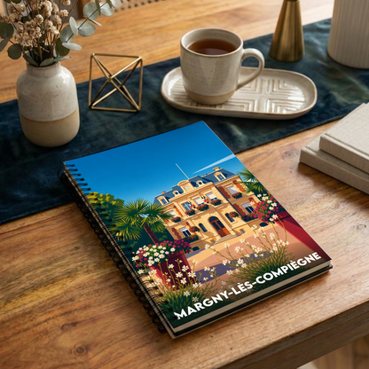 Carnet souvenir de la ville de Margny-lès-Compiègne avec une illustration stylisée de son hôtel de ville.