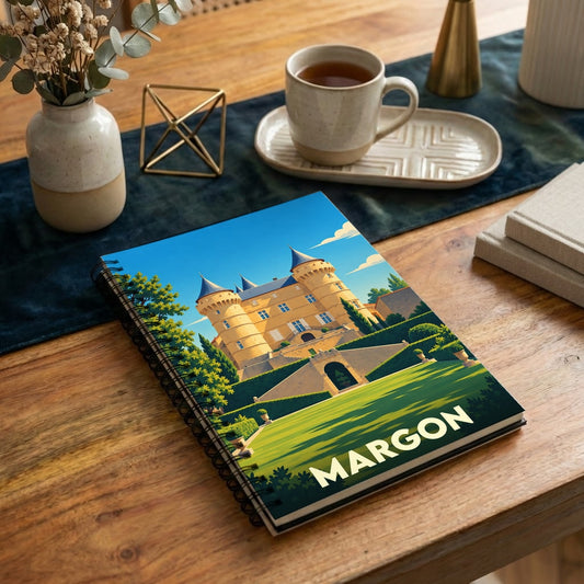 Carnet souvenir de la ville de Margon avec une illustration stylisée de son château.