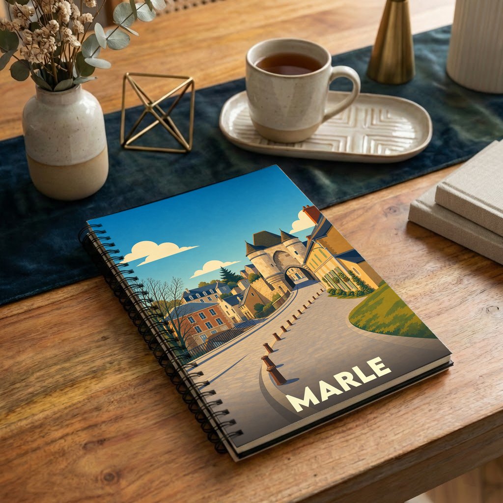 Carnet à spirale souvenir de la ville de Marle avec une illustration stylisée d'un quartier historique.