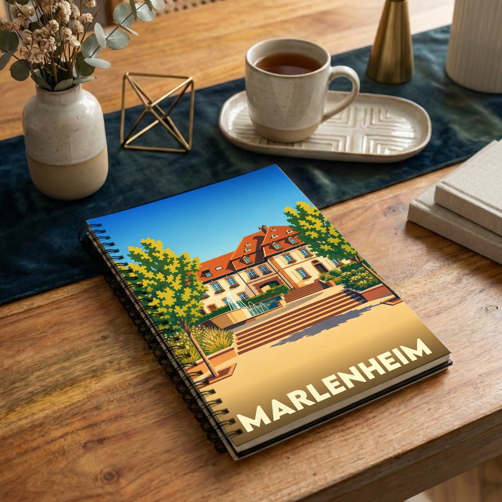 Carnet à spirales souvenir de la ville de Marlenheim illustré d'un paysage urbain stylisé.