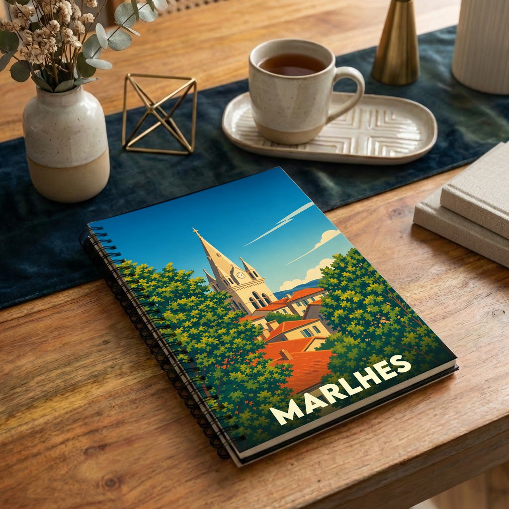 Carnet à spirales souvenir de la ville de Marlhes avec une illustration stylisée de son église et de ses toits.