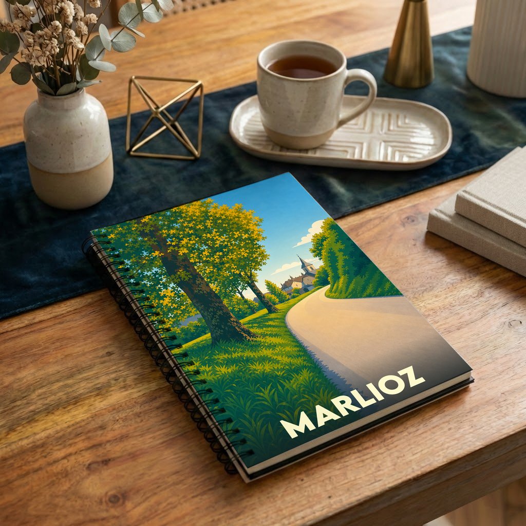 Carnet à spirales souvenir de la ville de Marlioz avec une illustration stylisée d'un paysage de campagne.