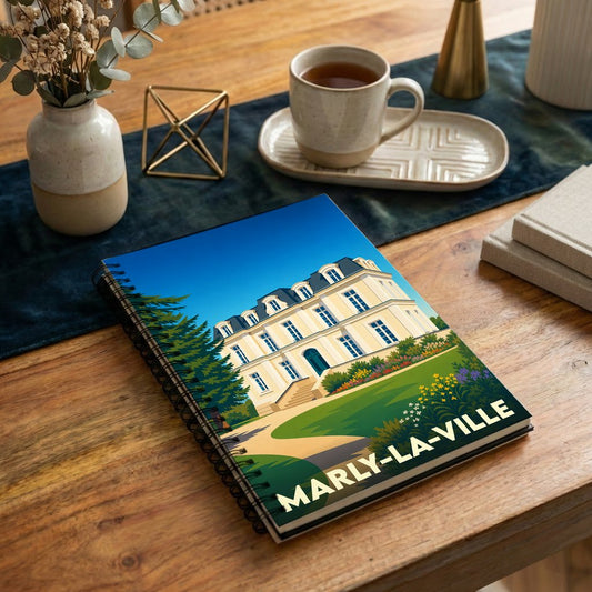 Carnet à spirales souvenir de Marly-la-Ville avec une illustration stylisée d'un château.