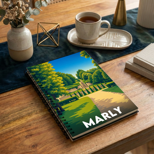 Carnet souvenir de la ville de Marly avec une illustration stylisée.