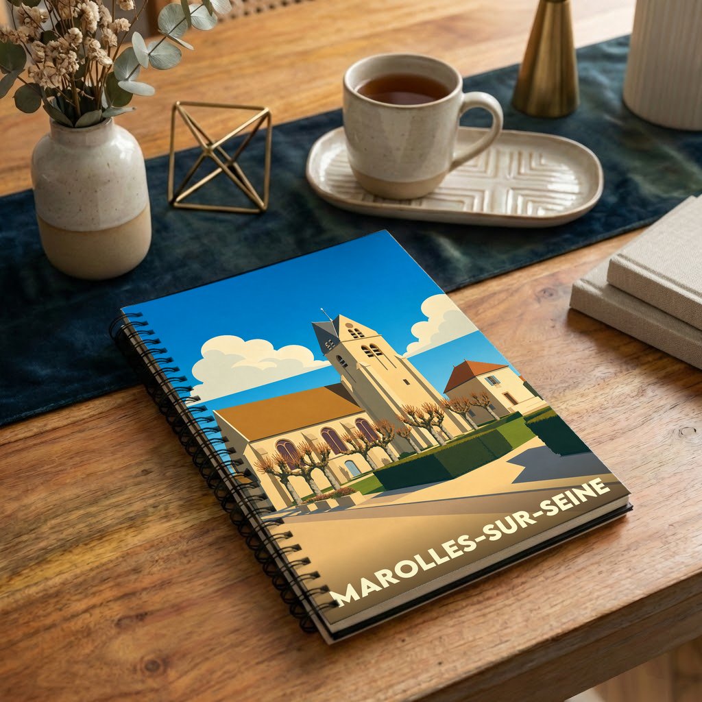 Carnet à spirales souvenir de la ville de Marolles-sur-Seine avec une illustration stylisée de son église.