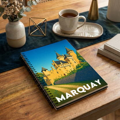 Carnet souvenir de la ville de Marquay avec une illustration stylisée d'un château.