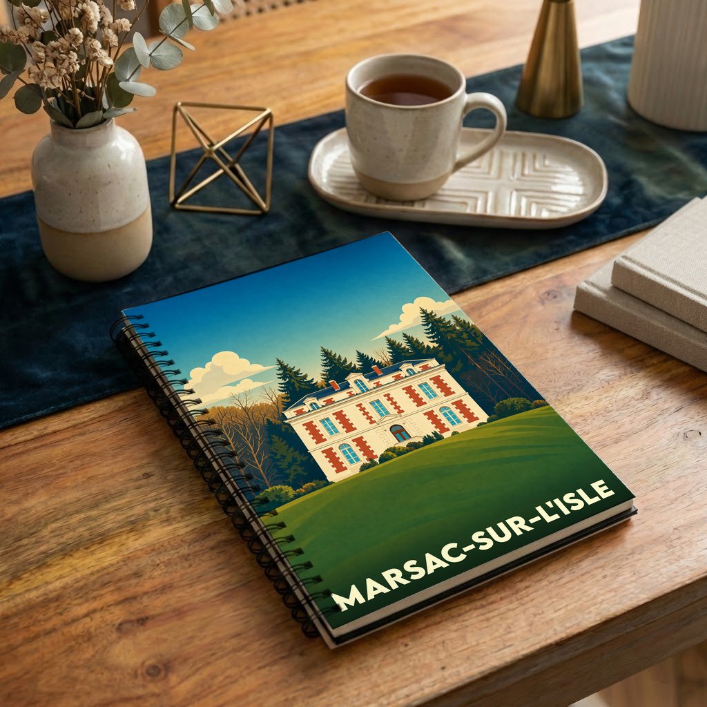 Carnet souvenir de la ville de Marsac-sur-l'Isle avec une illustration stylisée de château.