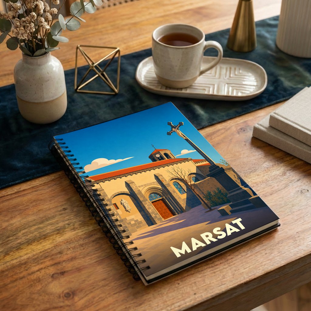 Carnet souvenir de la ville de Marsat avec une illustration stylisée de son église et d'un calvaire.