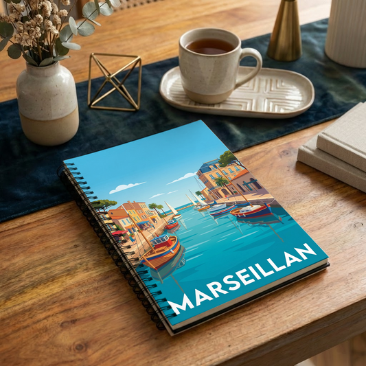 Carnet souvenir de la ville de Marseillan illustré d'une vue stylisée du port.