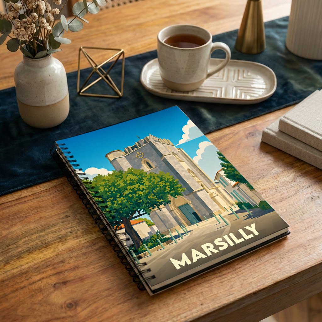 Carnet de notes souvenir de la ville de Marsilly avec une illustration stylisée de son église fortifiée.
