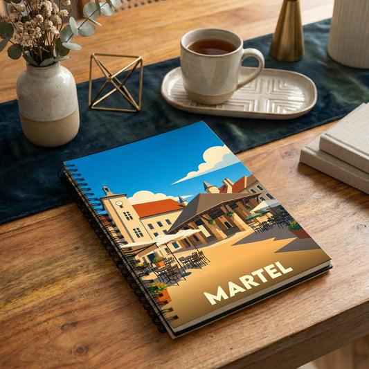 Carnet à spirales souvenir de la ville de Martel avec une illustration stylisée de sa place principale.