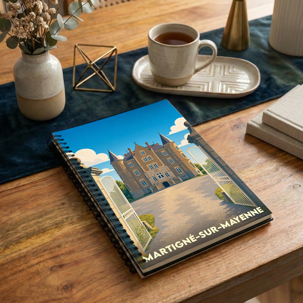 Carnet à spirales souvenir de Martigné-sur-Mayenne illustré d'un château stylisé.