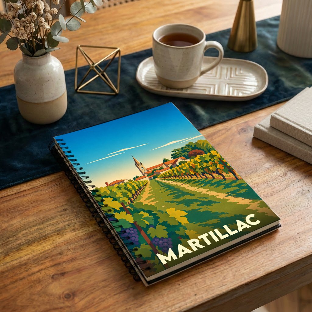 Carnet souvenir de la ville de Martillac orné d'une illustration stylisée de vignobles.