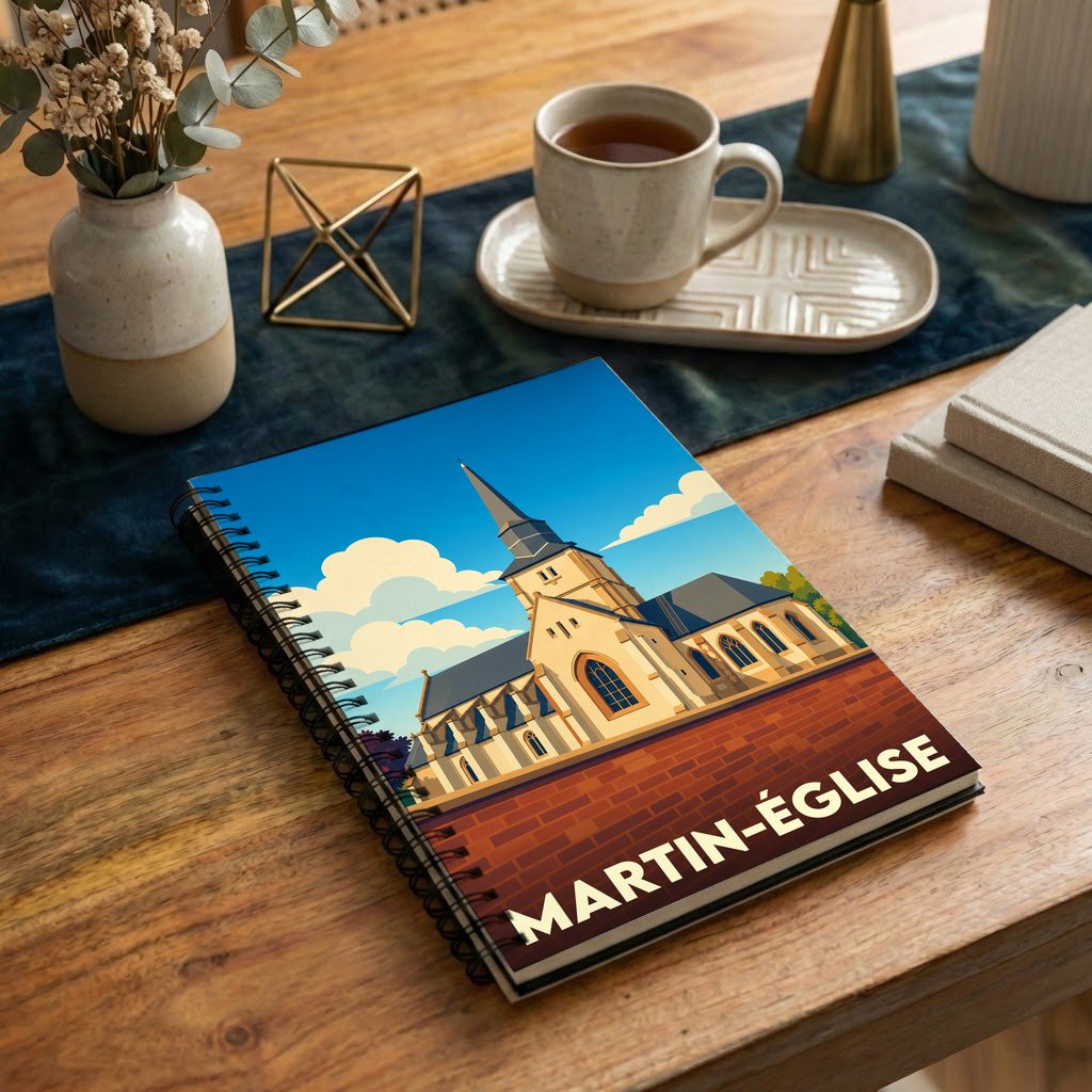 Carnet souvenir de Martin-Église illustré par une vue stylisée de son église sous un ciel bleu.
