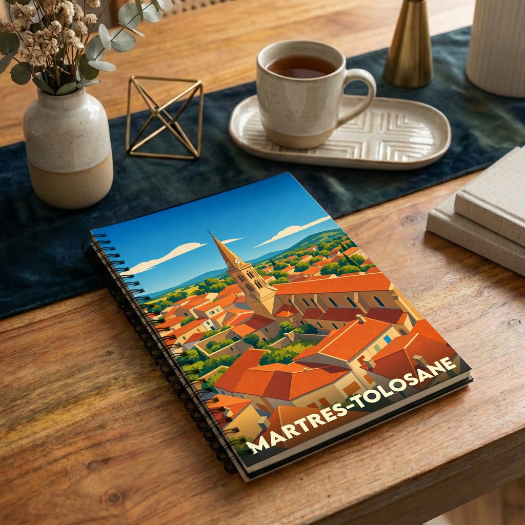 Carnet de notes à spirales souvenir de la ville de Martres-Tolosane avec une illustration colorée et stylisée de son église et de ses toits.