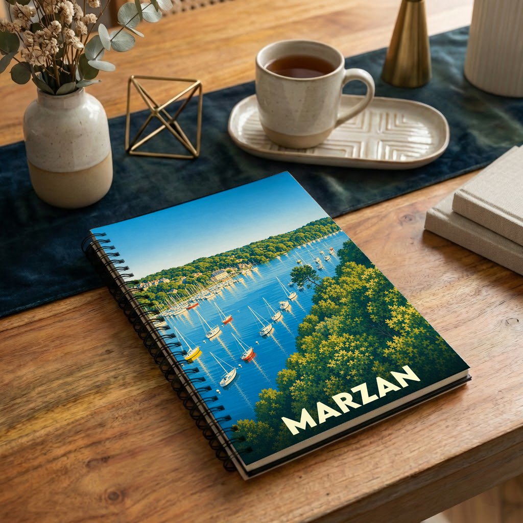 Carnet souvenir de la ville de Marzan illustré d'une vue stylisée du port et de ses voiliers.