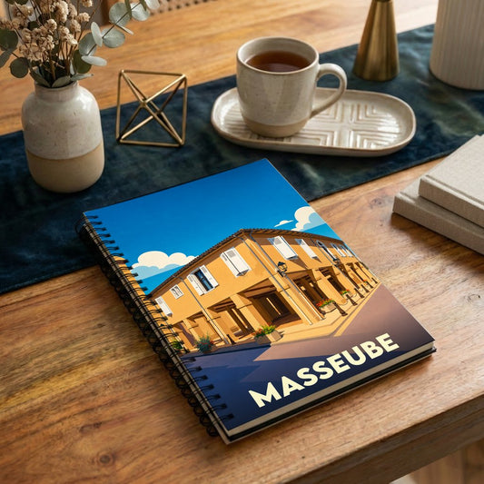 Carnet souvenir à spirale de la ville de Masseube avec une illustration stylisée d'une rue ensoleillée.