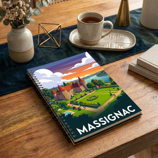 Carnet souvenir de la ville de Massignac orné d'une illustration stylisée de son château et de ses jardins.
