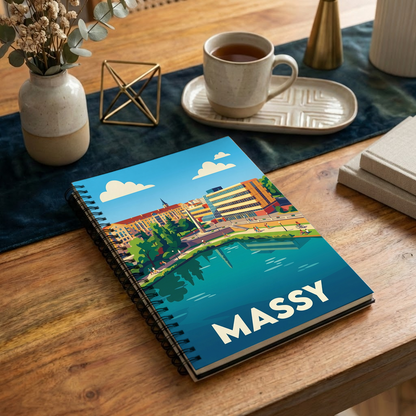 Carnet souvenir de la ville de Massy avec une illustration stylisée de son paysage urbain.