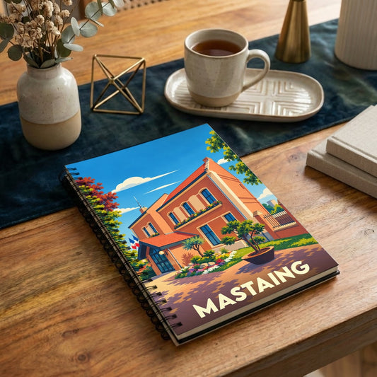Carnet souvenir de la ville de Mastaing avec une illustration colorée et stylisée de son architecture.