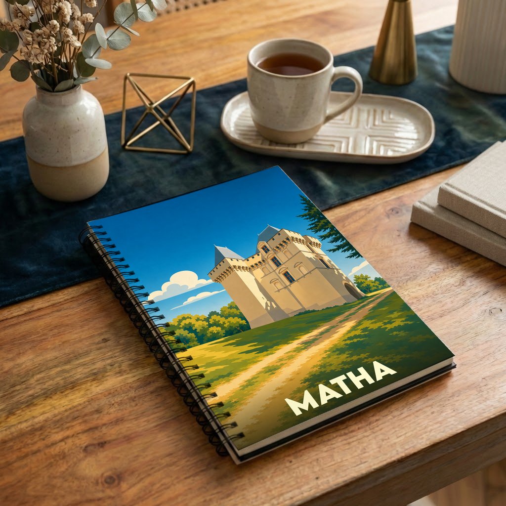 Carnet à spirales souvenir de la ville de Matha avec une illustration stylisée de son château.