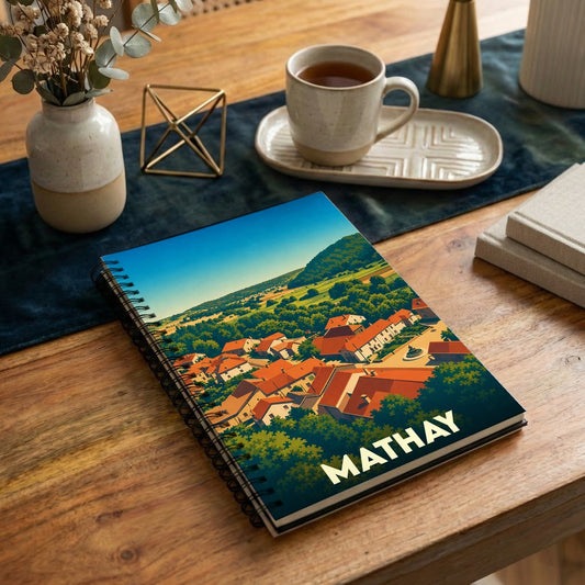Carnet à spirales souvenir de la ville de Mathay avec une illustration stylisée de ses toits rouges et paysages verdoyants.