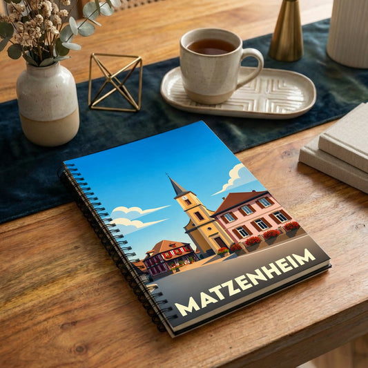 Carnet à spirales souvenir de la ville de Matzenheim avec une illustration stylisée de son église et de ses maisons alsaciennes.