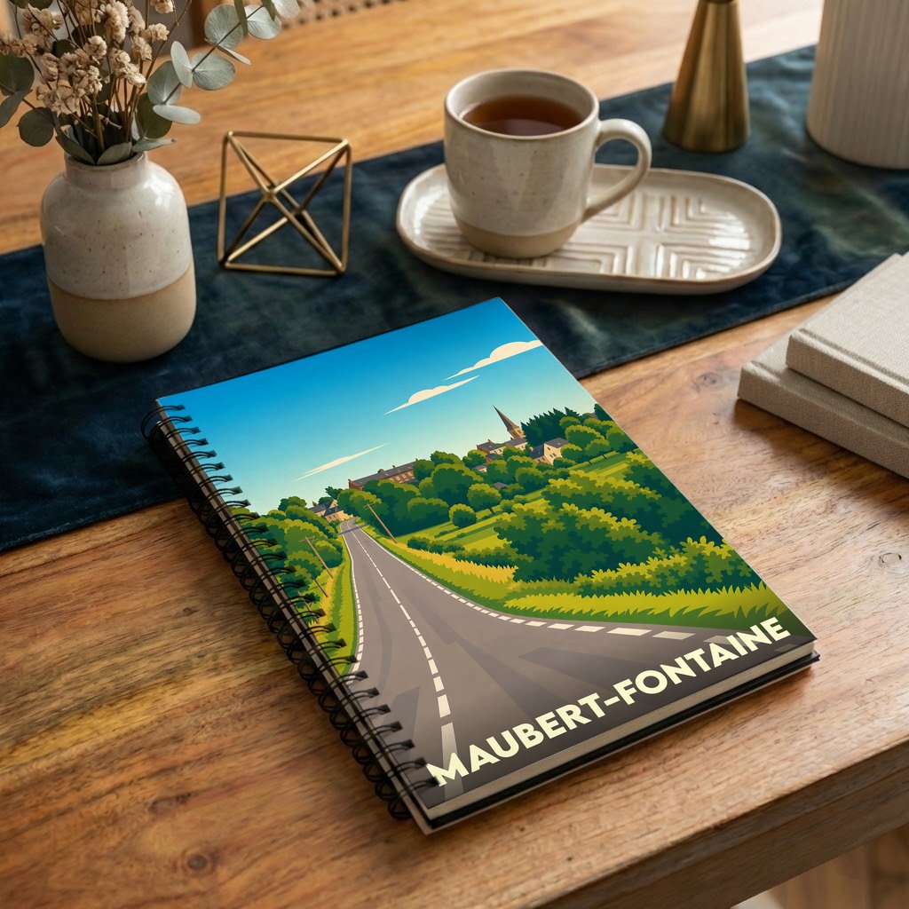 Carnet de notes souvenir de la ville de Maubert-Fontaine avec une illustration stylisée d'un paysage de campagne.