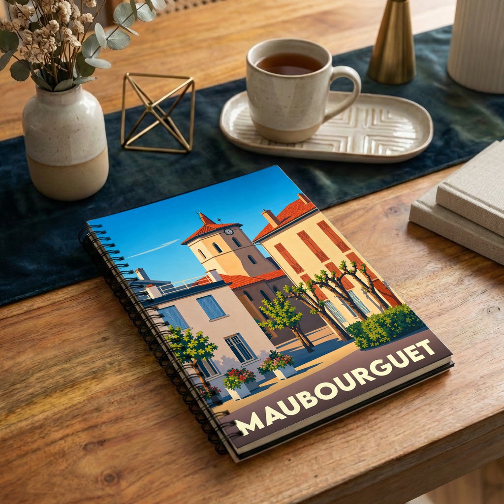 Carnet souvenir de la ville de Maubourguet illustré par un dessin stylisé de ses bâtiments emblématiques.