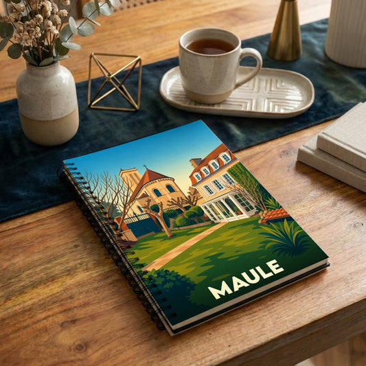 Carnet à spirales souvenir de la ville de Maule avec une illustration stylisée et colorée.
