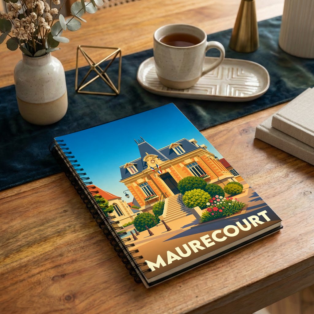 Carnet à spirale souvenir de la ville de Maurecourt avec une illustration colorée et stylisée de sa mairie.
