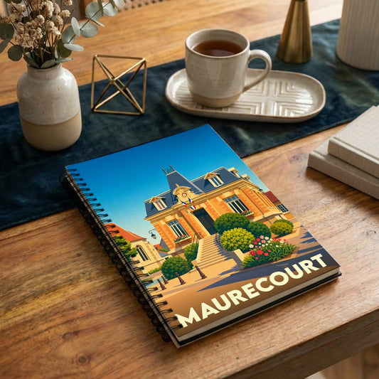 Carnet à spirale souvenir de la ville de Maurecourt avec une illustration colorée et stylisée de sa mairie.