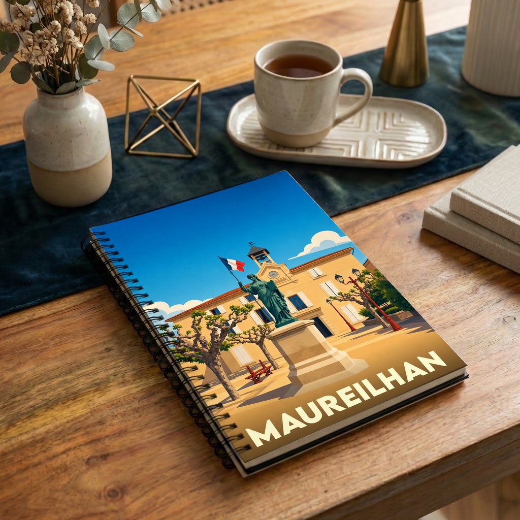 Carnet de notes à spirales souvenir de la ville de Maureilhan avec une illustration stylisée d'une place ensoleillée.