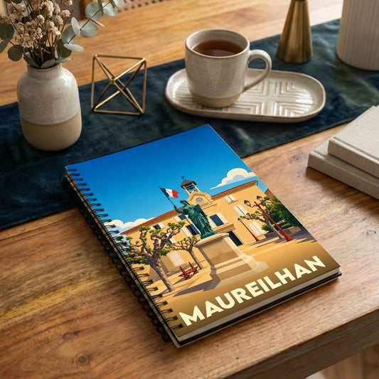 Carnet de notes à spirales souvenir de la ville de Maureilhan avec une illustration stylisée d'une place ensoleillée.