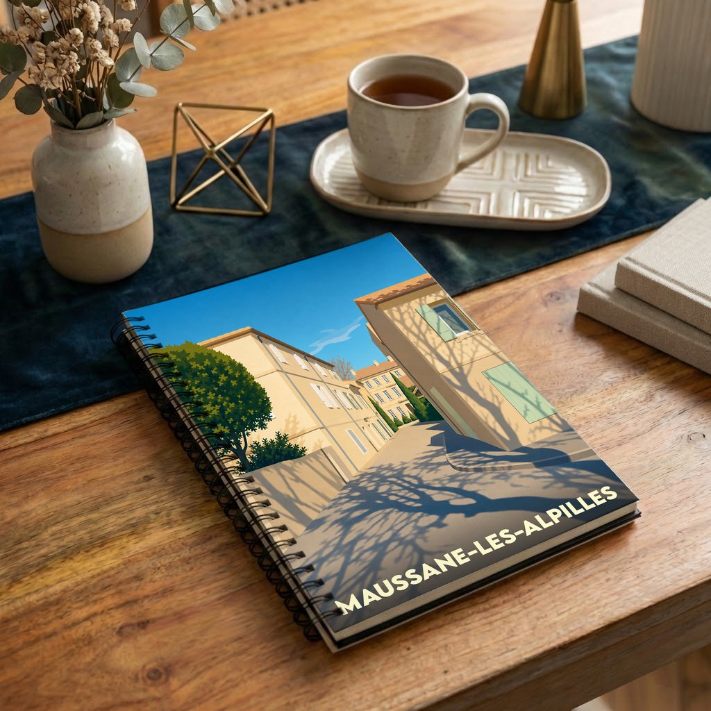 Carnet à spirales souvenir de Maussane-les-Alpilles avec une illustration ensoleillée d'une ruelle provençale.