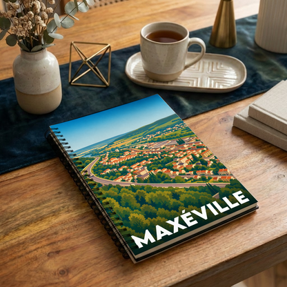 Carnet souvenir de la ville de Maxéville avec une illustration stylisée d'un paysage urbain verdoyant.