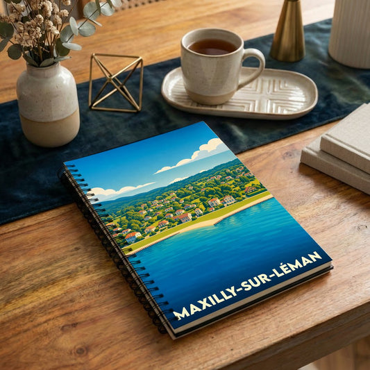 Carnet souvenir de la ville de Maxilly-sur-Léman avec une illustration stylisée du lac et des collines.