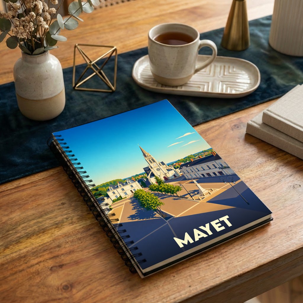Carnet souvenir de la ville de Mayet avec une illustration stylisée de sa place principale.