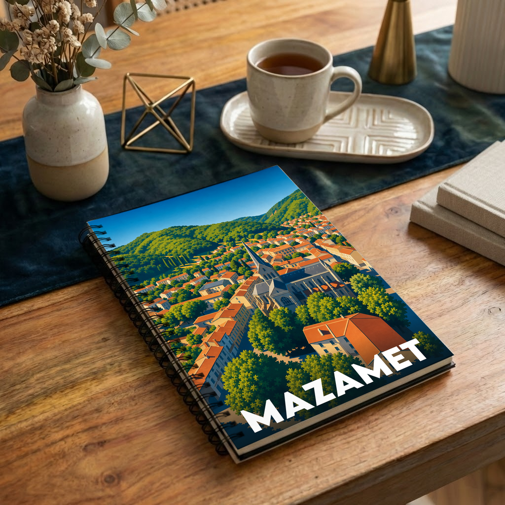 Carnet souvenir de la ville de Mazamet avec une illustration stylisée et colorée.