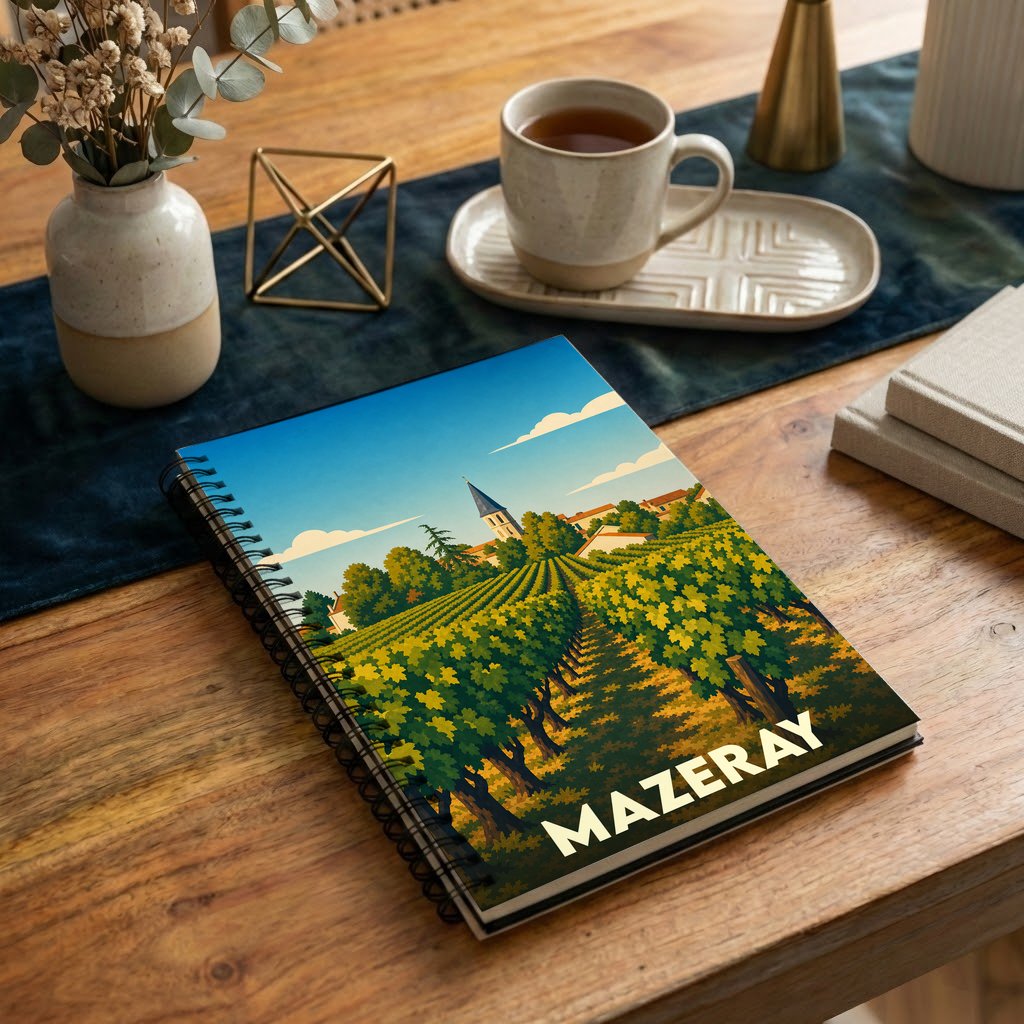 Carnet à spirales souvenir de la ville de Mazeray avec une illustration stylisée d'un vignoble.