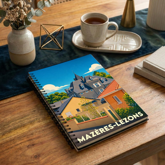 Carnet à spirales souvenir de la ville de Mazères-Lezons avec une illustration stylisée de ses maisons.