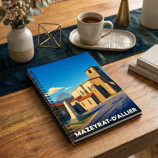 Carnet à spirales souvenir de la ville de Mazeyrat-d'Allier avec une illustration stylisée de son église.