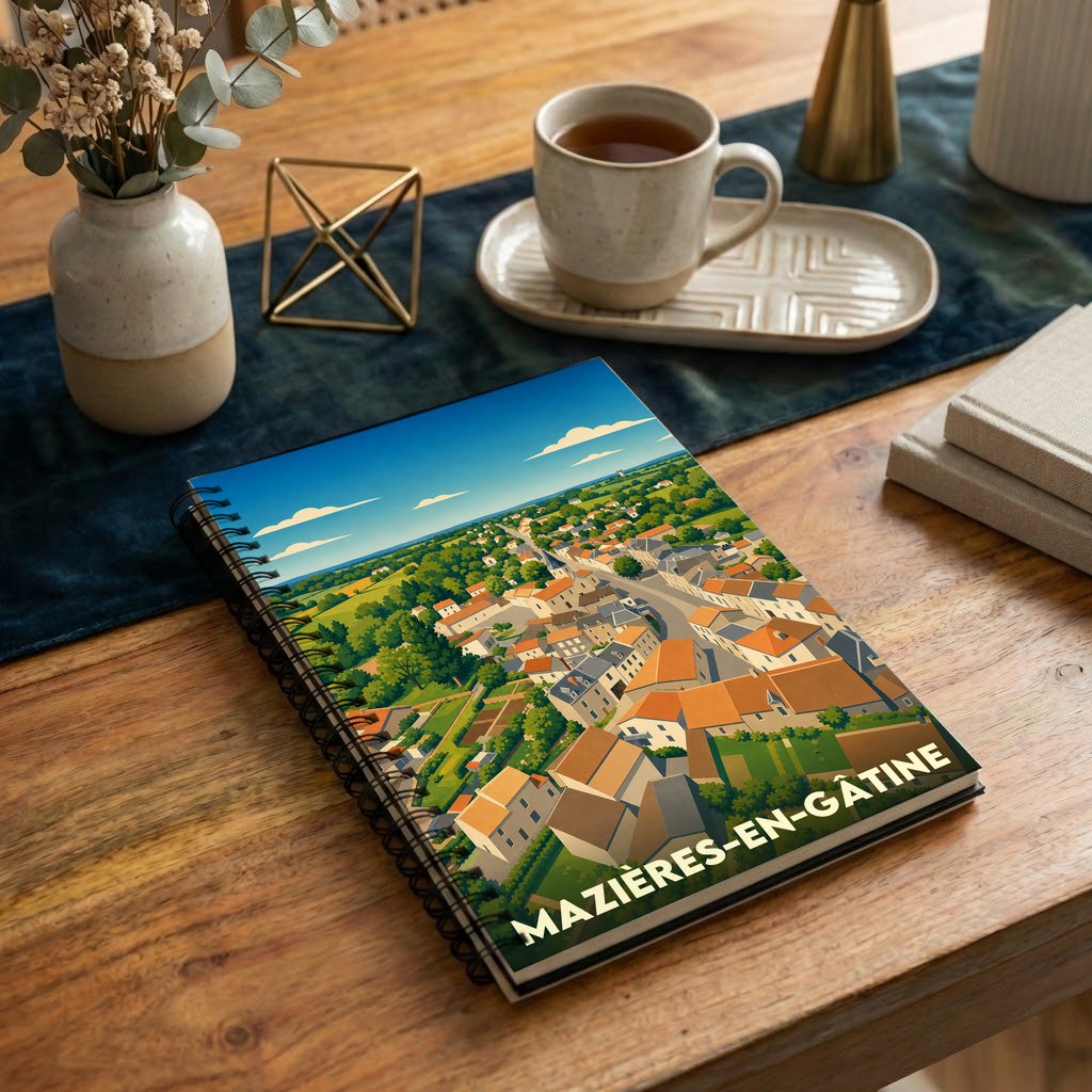 Carnet souvenir de la ville de Mazières-en-Gâtine avec une illustration stylisée en vue aérienne.