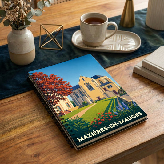 Carnet à spirales souvenir de Mazières-en-Mauges avec une illustration stylisée de son patrimoine.