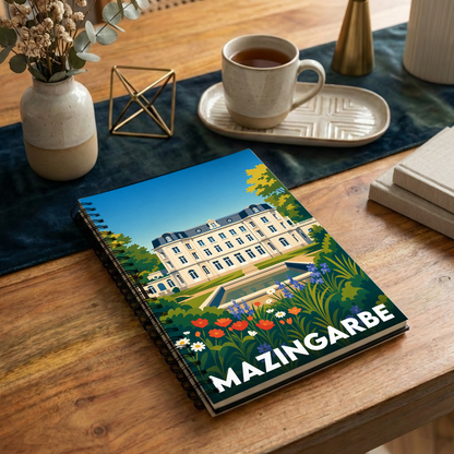 Carnet à spirales souvenir de la ville de Mazingarbe avec une illustration stylisée de son château.