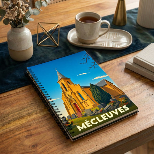Carnet souvenir de la ville de Mécleuves avec une illustration stylisée de son église.